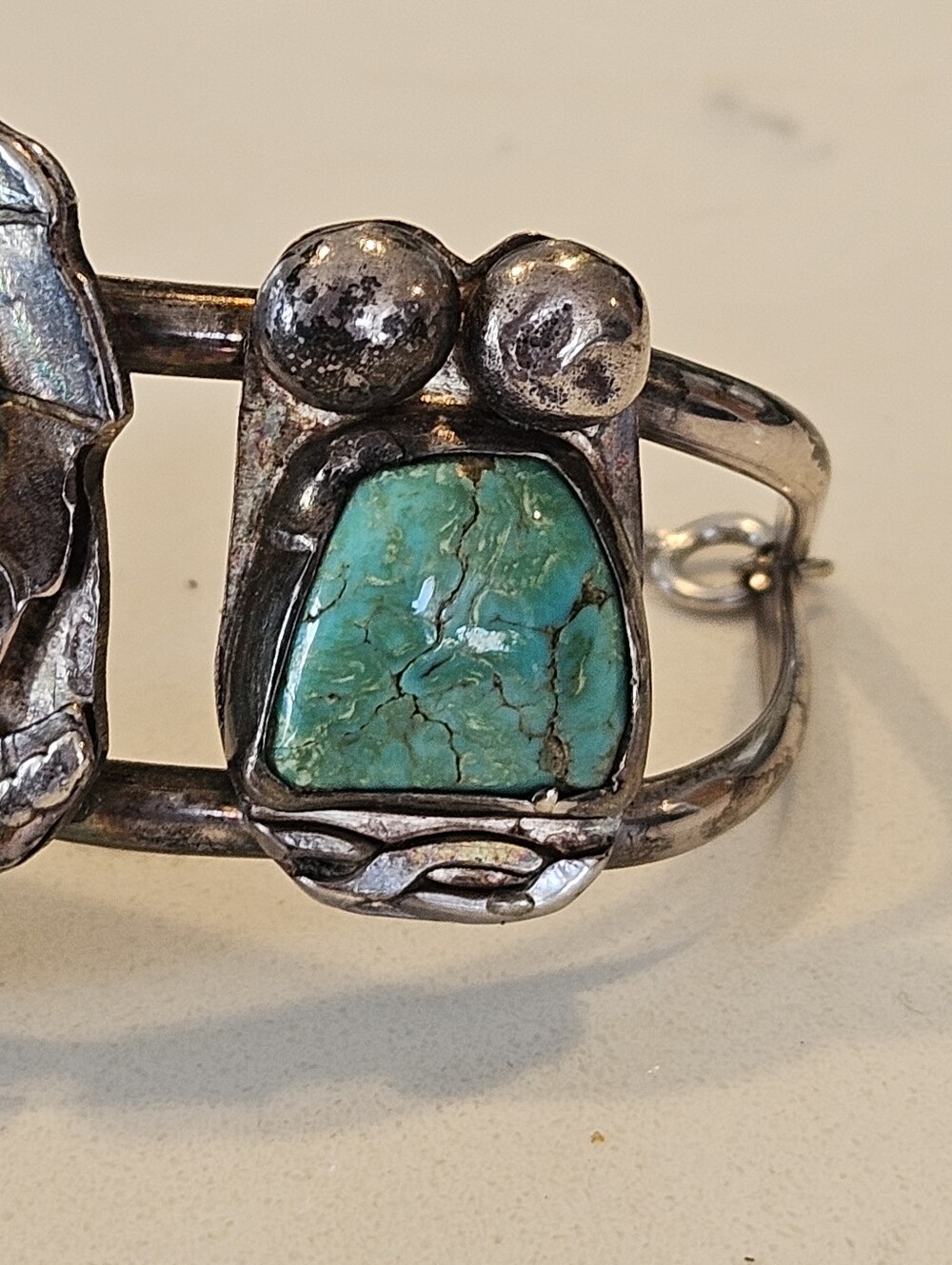 Old Pawn Navajo Turquoise Sterling Silver Leaf Cuff Bracelet Fred Harvey Era - Picture 5 of 8